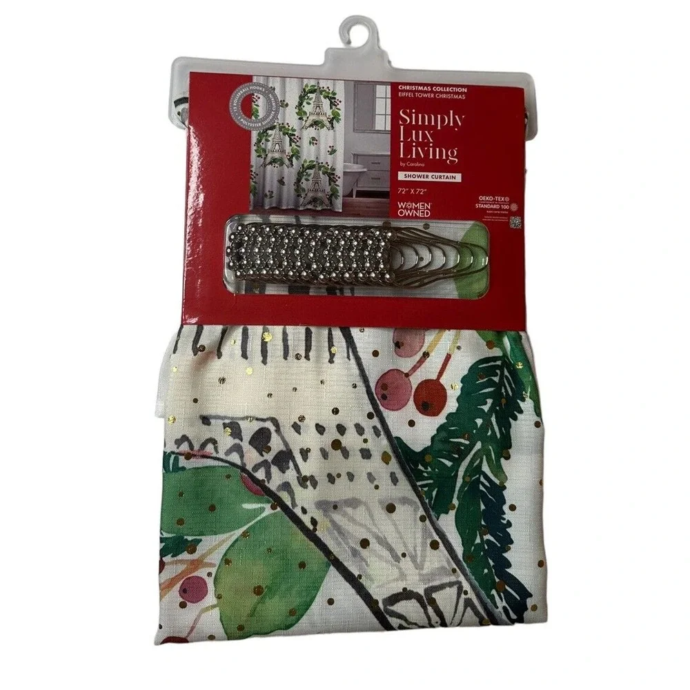NEW Simply Lux Living Eiffel Tower Christmas Fabric Shower Curtain with‎ Hooks